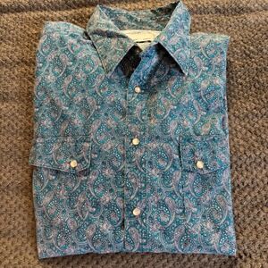 Wrangler Wrancher Western‎ Shirt Teal Paisley Pearl Snap Long Sleeve Men's